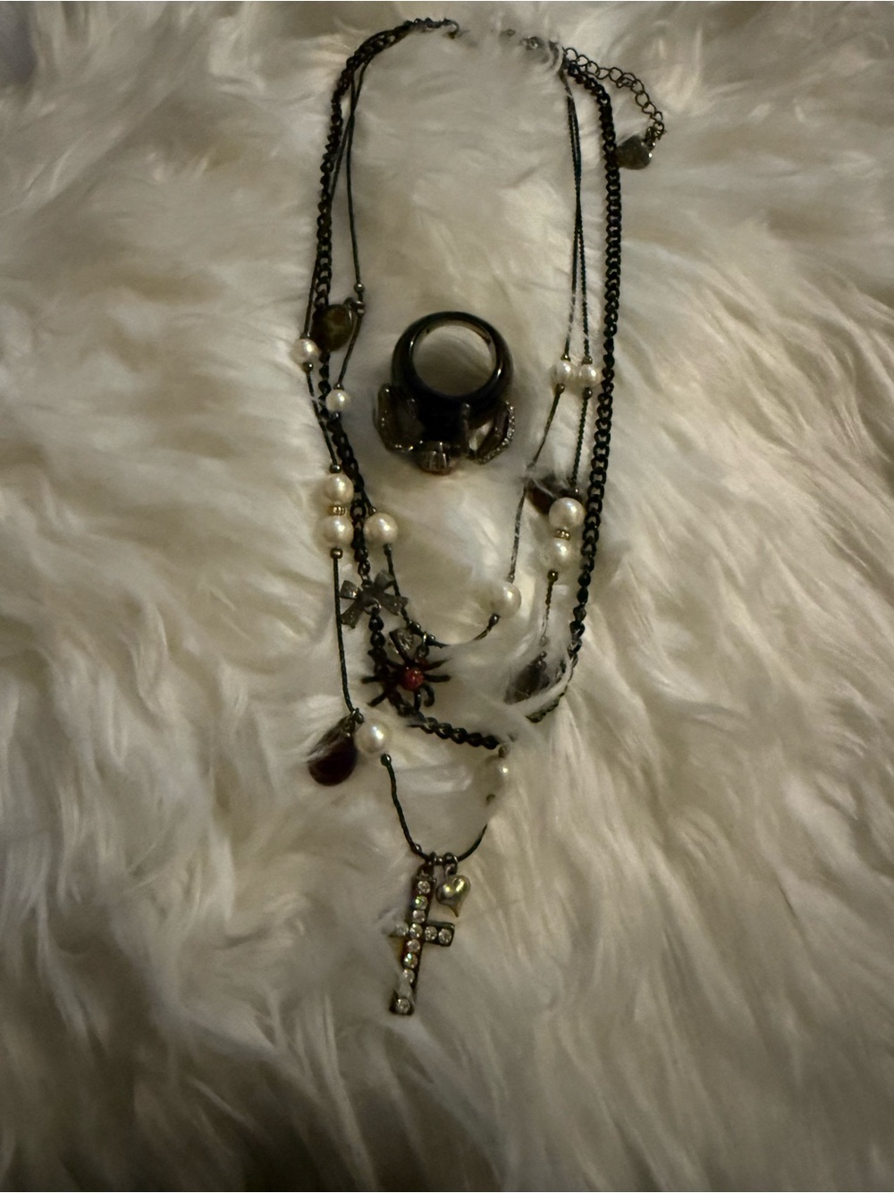 Betsey Johnson Black Multi-Strand Pearl Necklace with Cross and Spider Charm - Picture 4 of 5